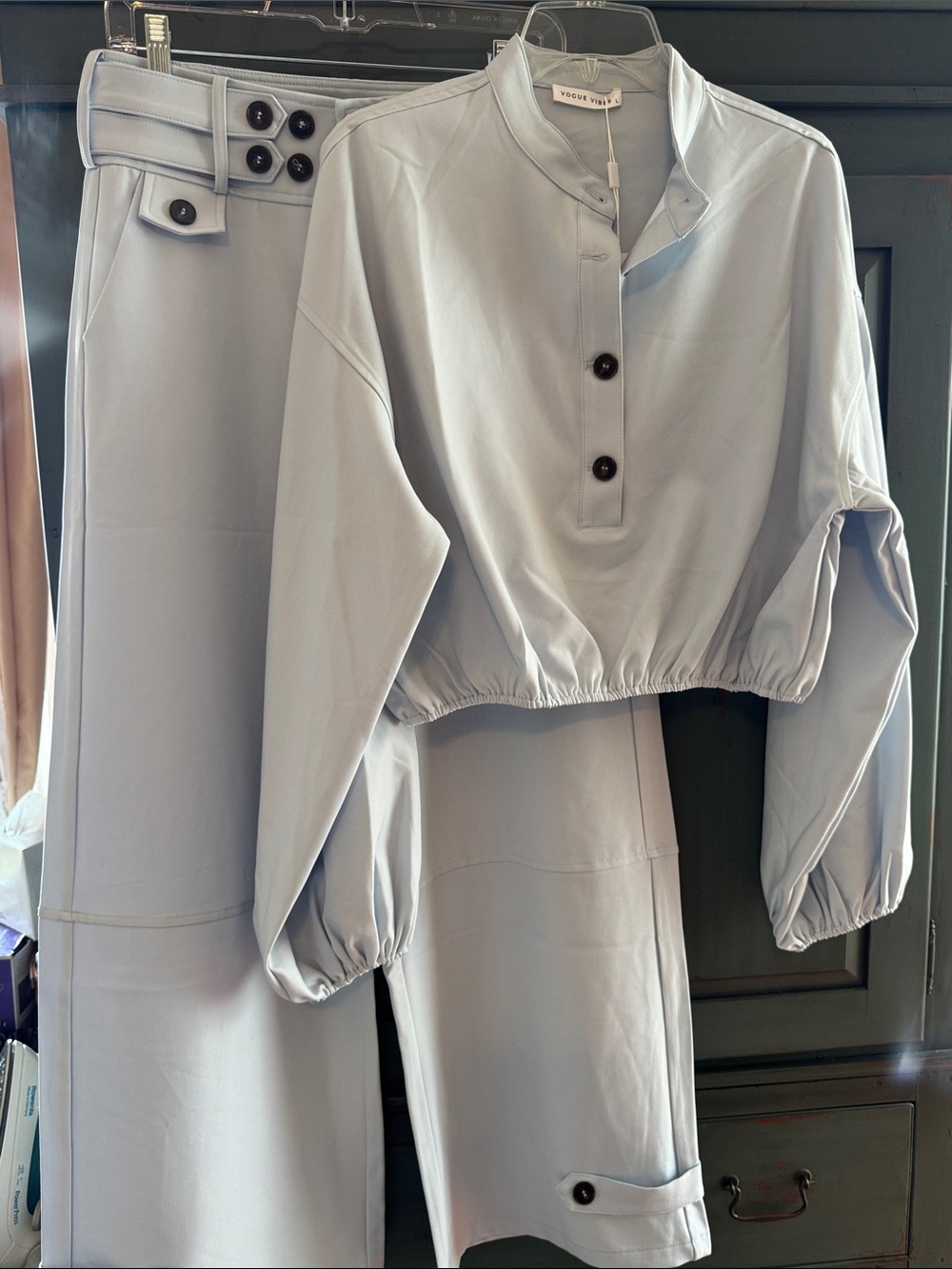NWT Cropped Vogue Vibes Light Blue 2 piece Top/Pants Beautiful Button Details